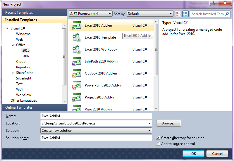 Visual Studio 2010 new project