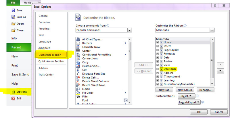Enable developer tools tab in Excel